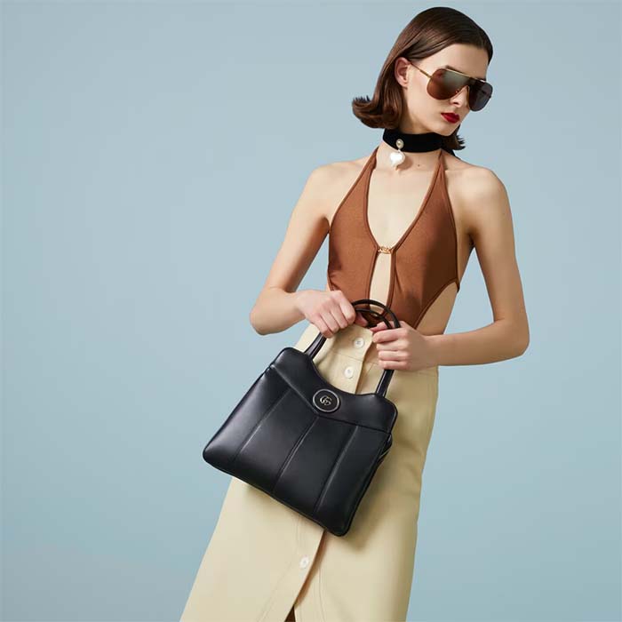 Gucci Women GG Petite GG Small Tote Bag Black Leather Double G (4)