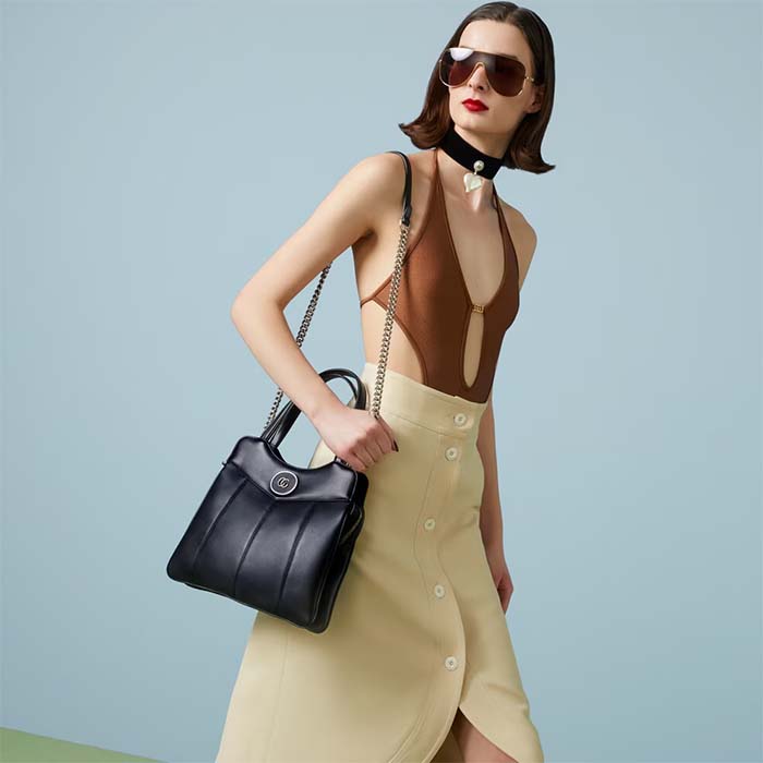 Gucci Women GG Petite GG Small Tote Bag Black Leather Double G (5)