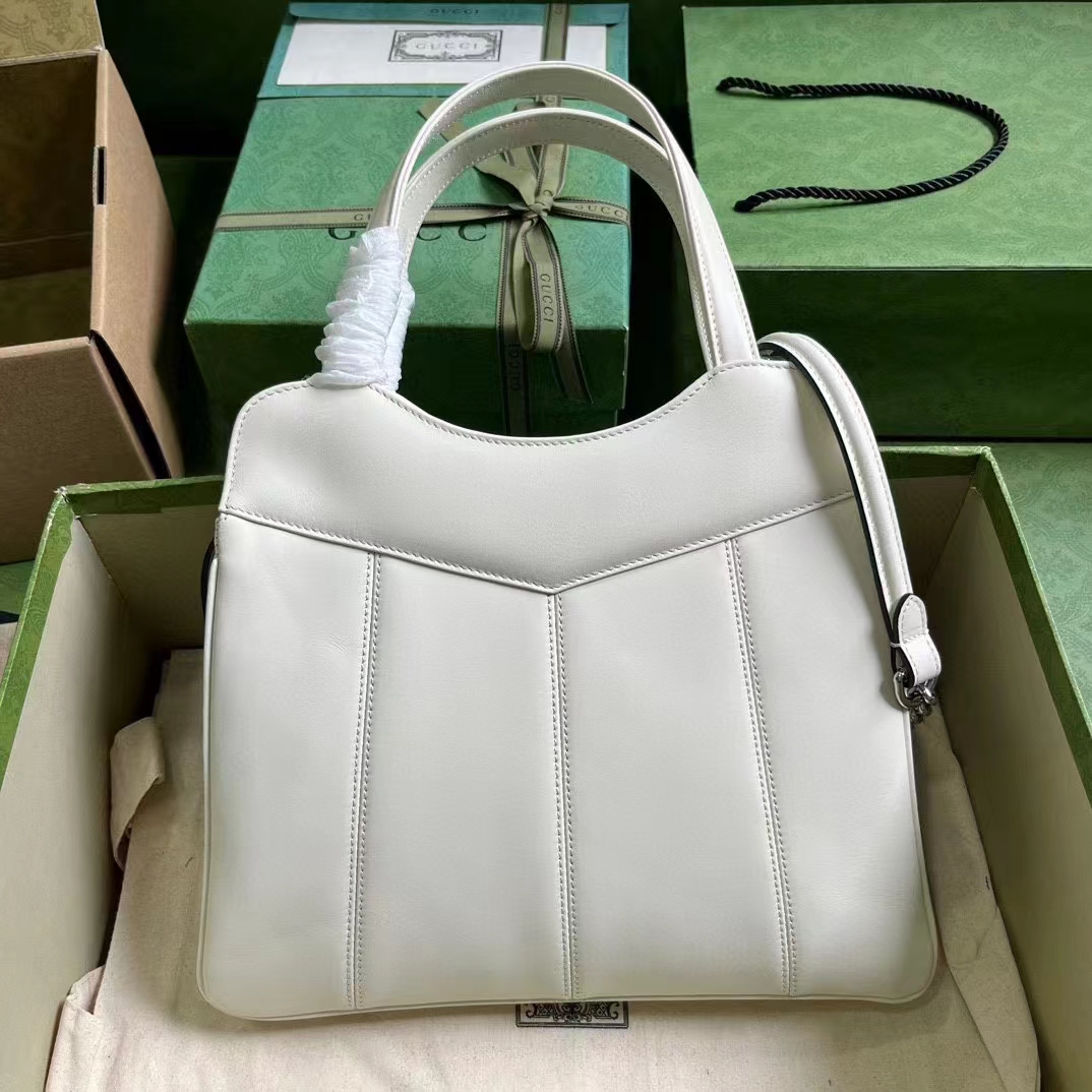 Gucci Women GG Petite GG Small Tote Bag White Leather Double G (2)