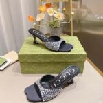 Gucci Women GG Slide Sandal Crystals Black Silk Satin Mid 6 CM Heel - Image 2