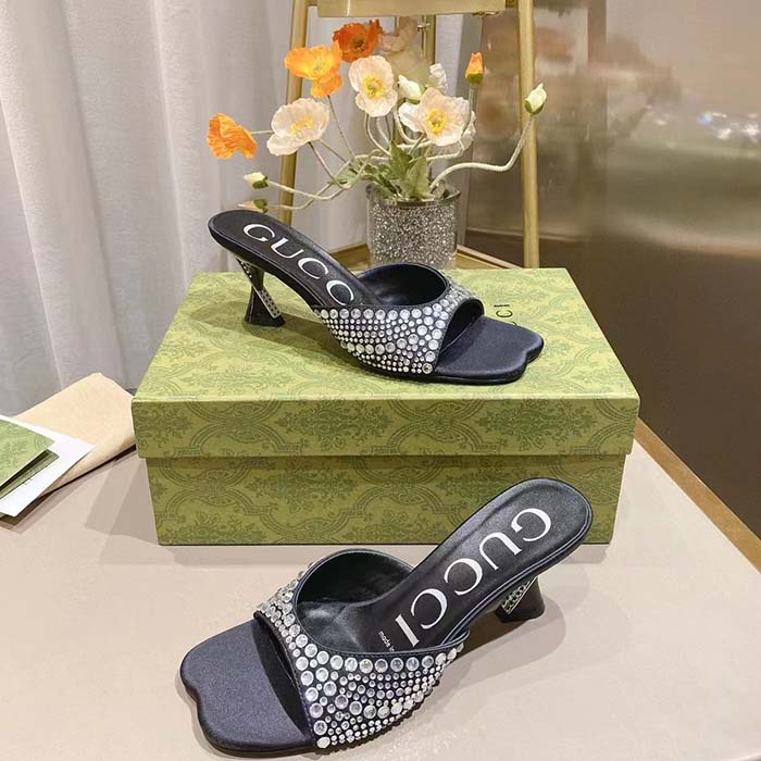 Gucci Women GG Slide Sandal Crystals Black Silk Satin Mid 6 CM Heel (1)