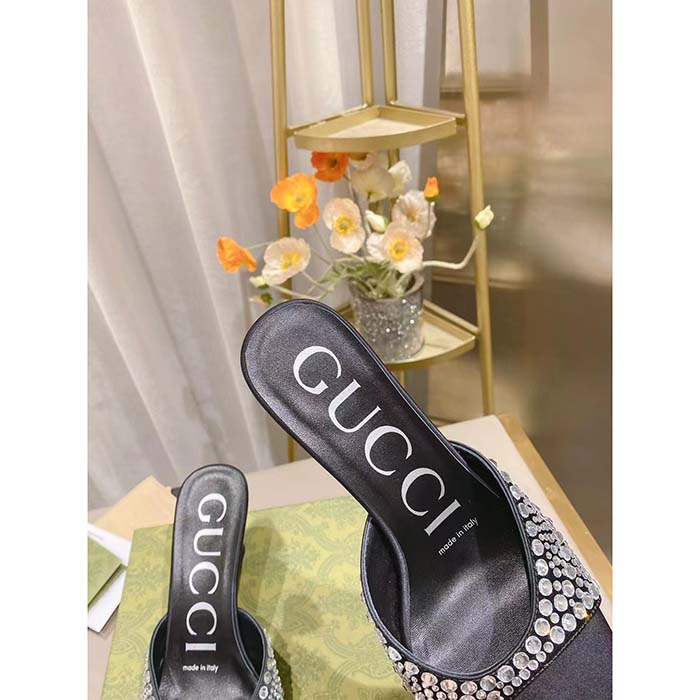 Gucci Women GG Slide Sandal Crystals Black Silk Satin Mid 6 CM Heel (10)
