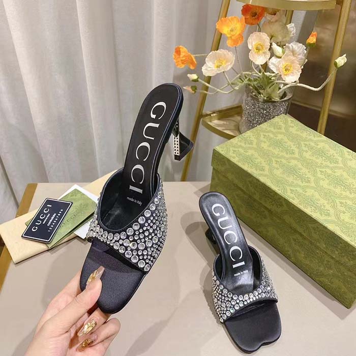Gucci Women GG Slide Sandal Crystals Black Silk Satin Mid 6 CM Heel (2)