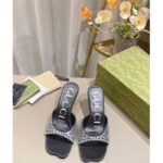 Gucci Women GG Slide Sandal Crystals Black Silk Satin Mid 6 CM Heel - Image 3