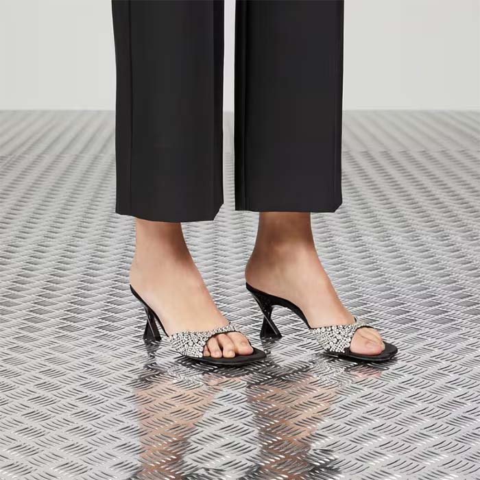 Gucci Women GG Slide Sandal Crystals Black Silk Satin Mid 6 CM Heel (4)