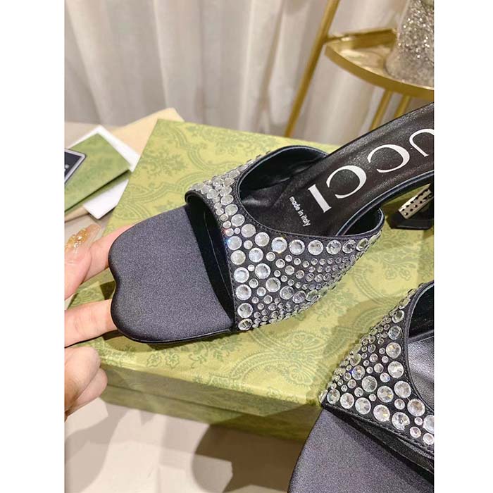 Gucci Women GG Slide Sandal Crystals Black Silk Satin Mid 6 CM Heel (6)