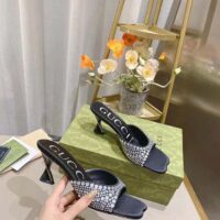 Gucci Women GG Slide Sandal Crystals Black Silk Satin Mid 6 CM Heel (8)
