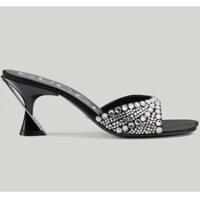 Gucci Women GG Slide Sandal Crystals Black Silk Satin Mid 6 CM Heel