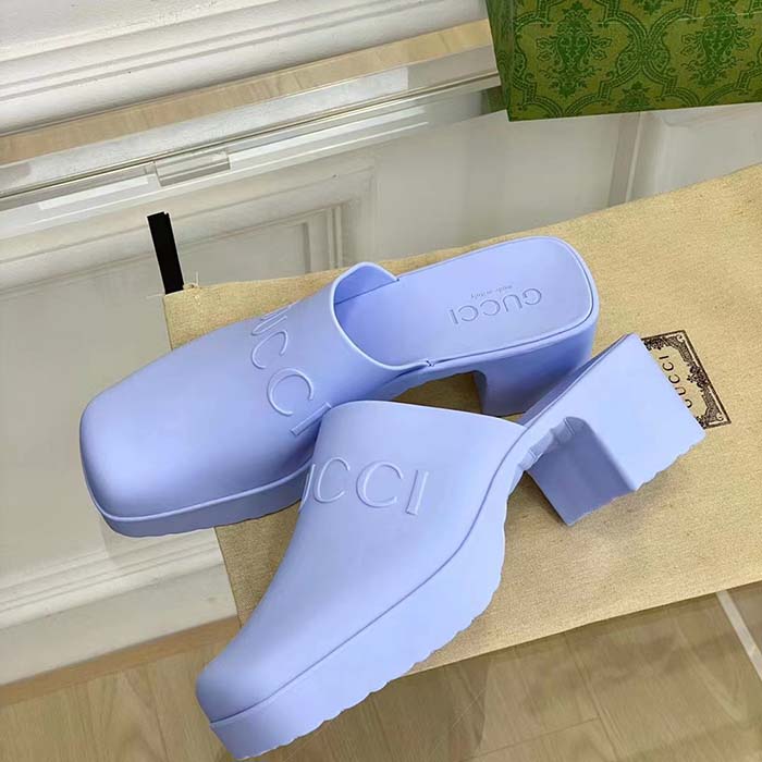 Gucci Women GG Slip-On Sandal Pastel Blue Rubber Embossed Logo Square Toe Chevron (10)