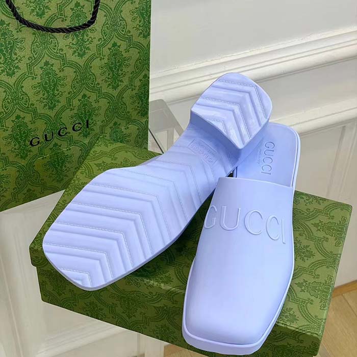 Gucci Women GG Slip-On Sandal Pastel Blue Rubber Embossed Logo Square Toe Chevron (3)