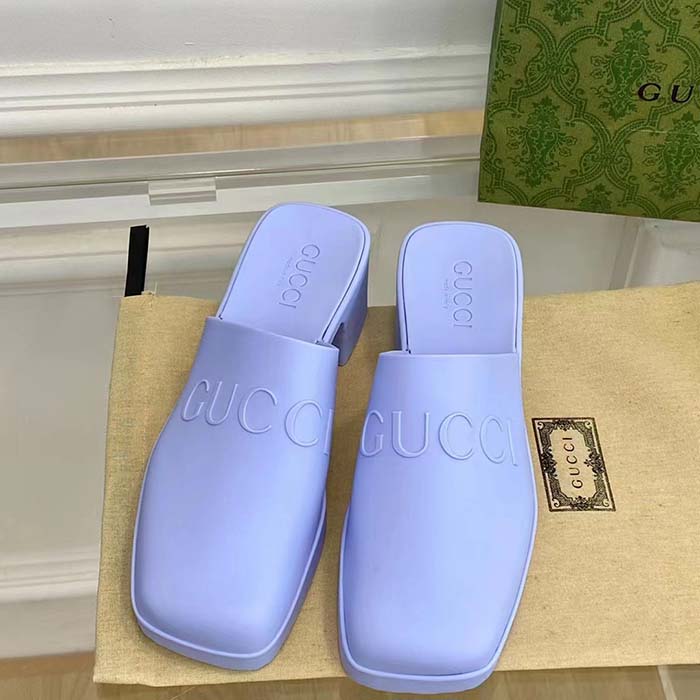 Gucci Women GG Slip-On Sandal Pastel Blue Rubber Embossed Logo Square Toe Chevron (5)