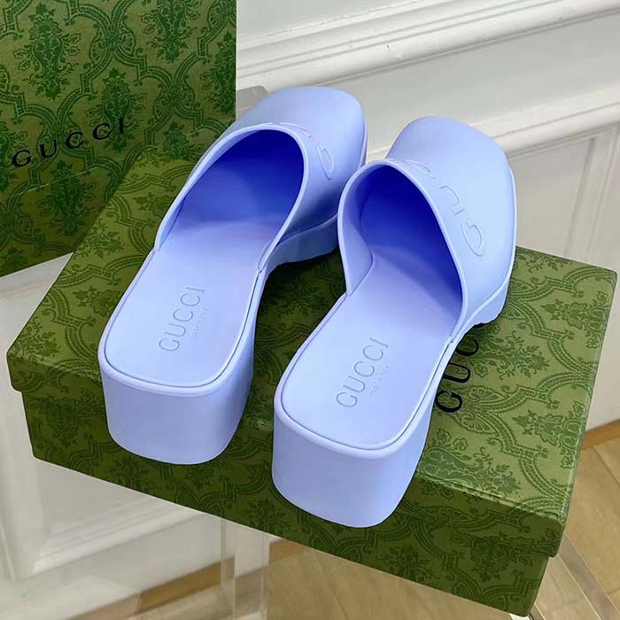 Gucci Women GG Slip-On Sandal Pastel Blue Rubber Embossed Logo Square Toe Chevron (6)