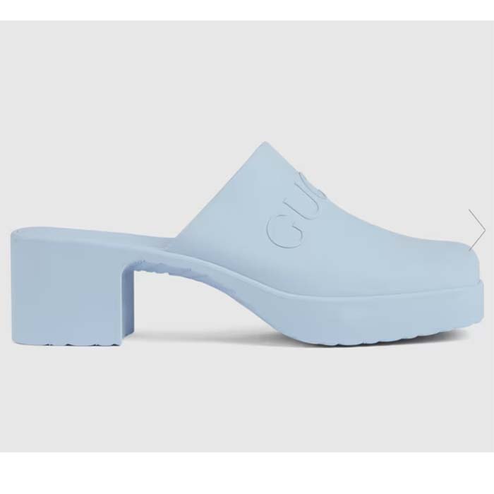 Gucci Women GG Slip-On Sandal Pastel Blue Rubber Embossed Logo Square Toe Chevron