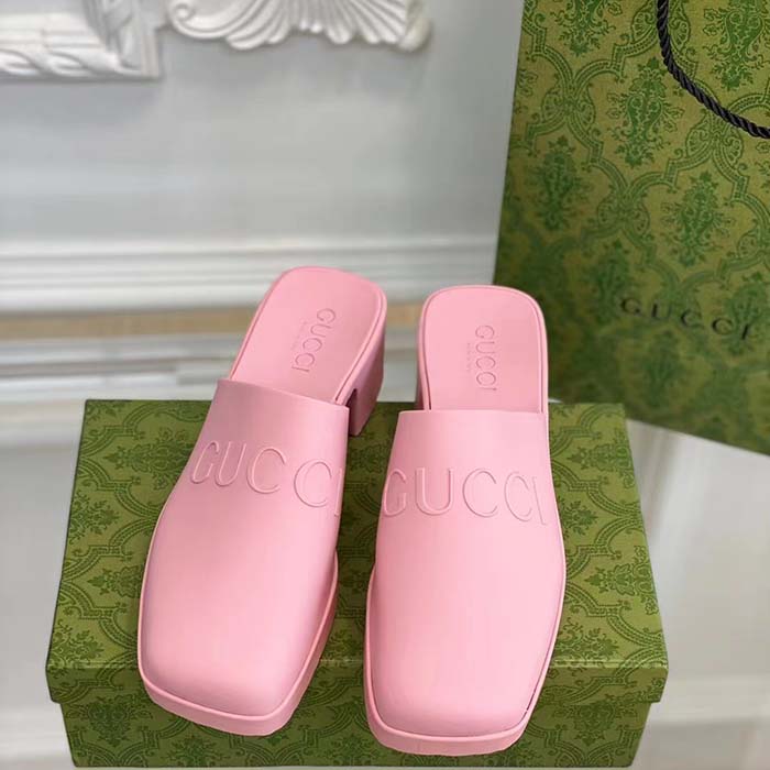 Gucci Women GG Slip-On Sandal Pink Rubber Embossed Logo Square Toe Chevron (1)