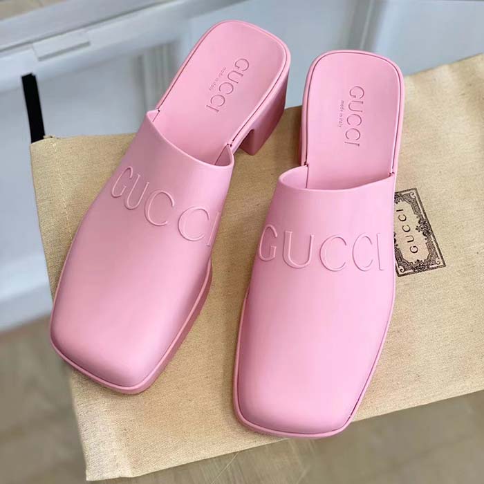 Gucci Women GG Slip-On Sandal Pink Rubber Embossed Logo Square Toe Chevron (10)