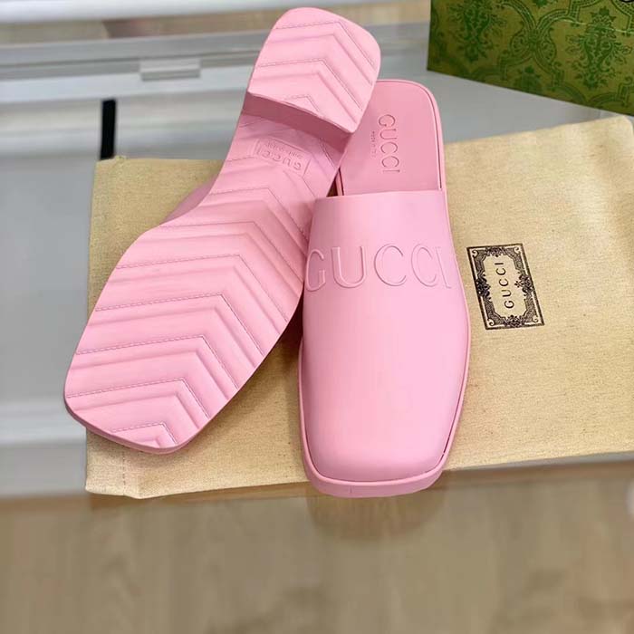 Gucci Women GG Slip-On Sandal Pink Rubber Embossed Logo Square Toe Chevron (3)