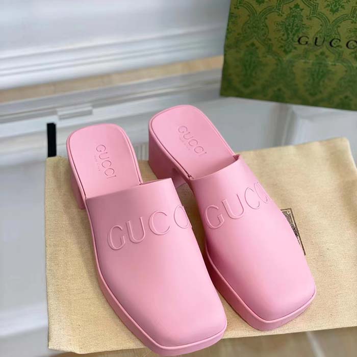 Gucci Women GG Slip-On Sandal Pink Rubber Embossed Logo Square Toe Chevron (5)