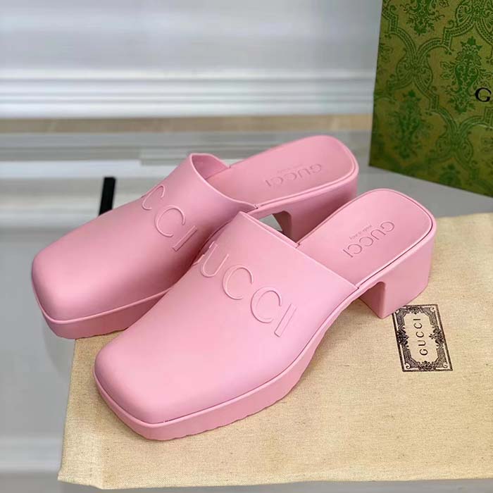 Gucci Women GG Slip-On Sandal Pink Rubber Embossed Logo Square Toe Chevron (8)