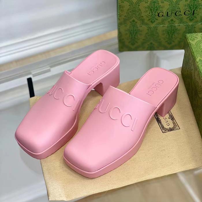 Gucci Women GG Slip-On Sandal Pink Rubber Embossed Logo Square Toe Chevron (9)