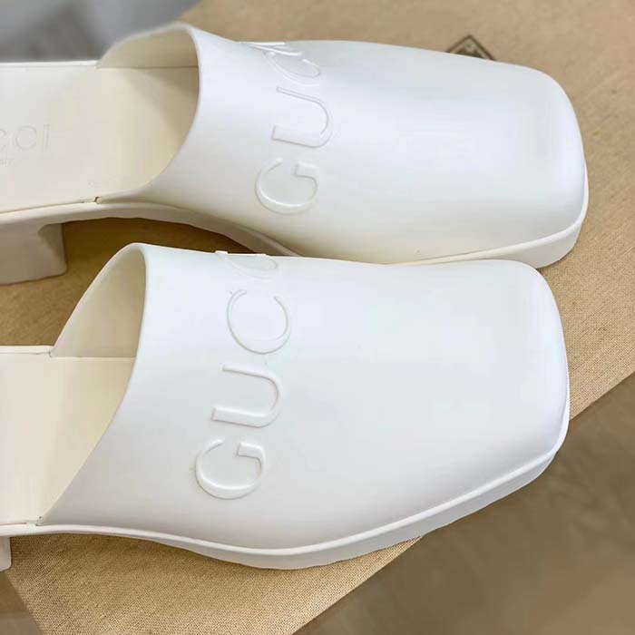 Gucci Women GG Slip-On Sandal White Rubber Embossed Logo Square Toe Chevron (10)