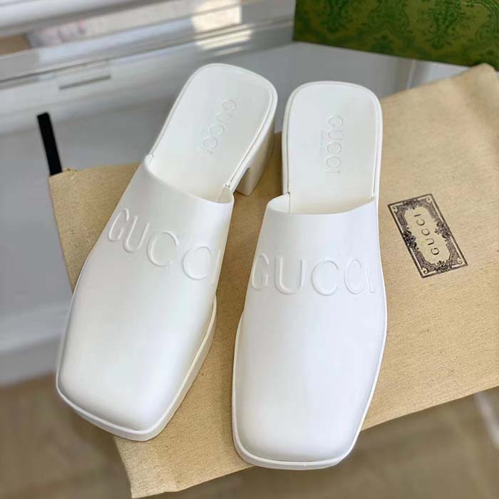 Gucci Women GG Slip-On Sandal White Rubber Embossed Logo Square Toe Chevron (2)