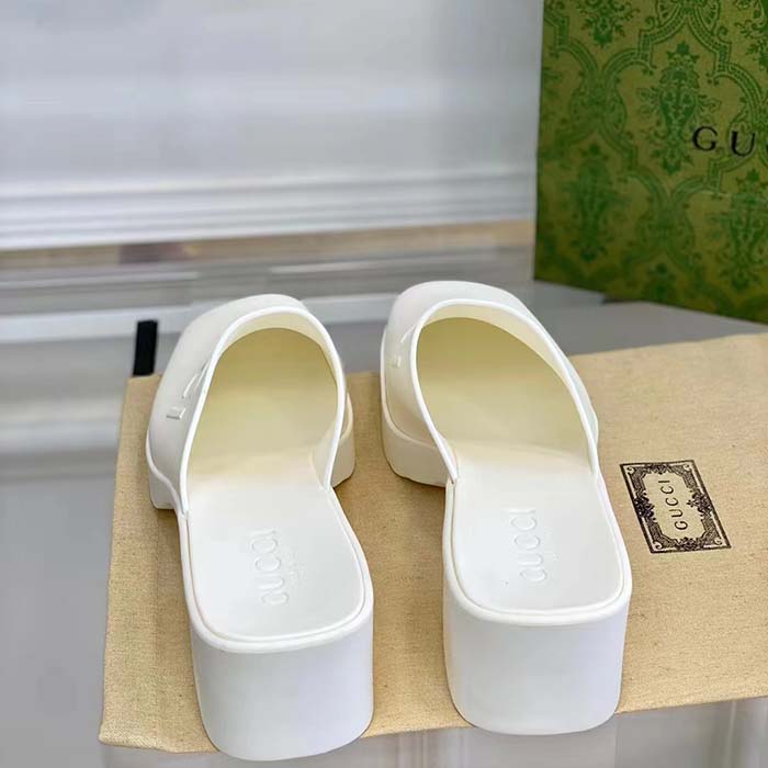 Gucci Women GG Slip-On Sandal White Rubber Embossed Logo Square Toe Chevron (3)
