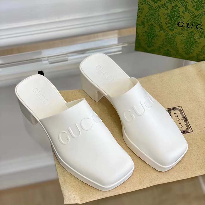 Gucci Women GG Slip-On Sandal White Rubber Embossed Logo Square Toe Chevron (6)