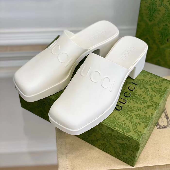 Gucci Women GG Slip-On Sandal White Rubber Embossed Logo Square Toe Chevron (7)