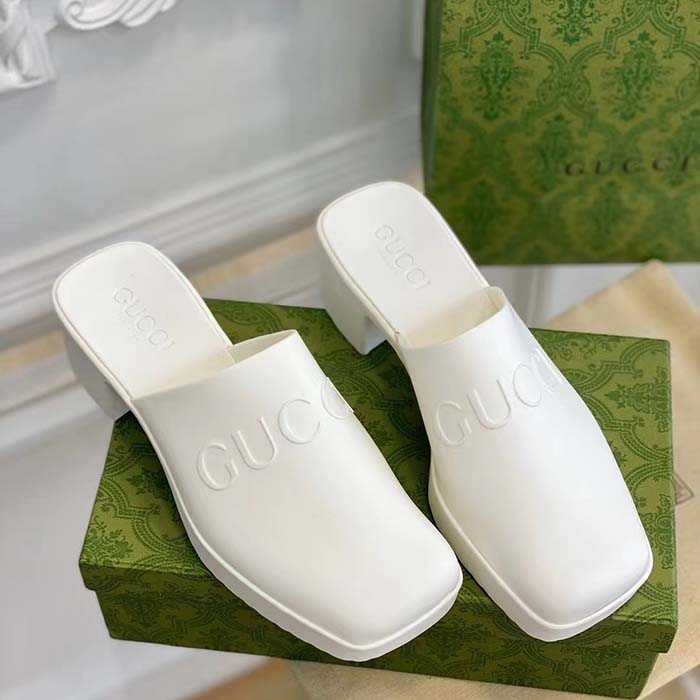 Gucci Women GG Slip-On Sandal White Rubber Embossed Logo Square Toe Chevron (8)