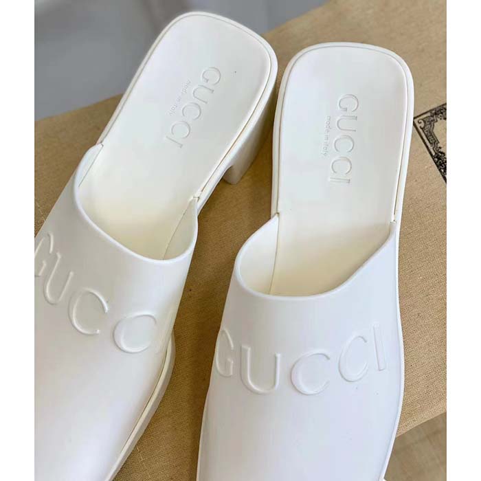 Gucci Women GG Slip-On Sandal White Rubber Embossed Logo Square Toe Chevron (9)