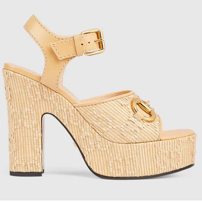Gucci Women Horsebit Platform Sandal Natural GG Raffia High 12 CM Heel