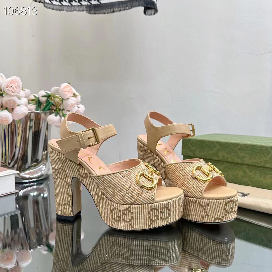 Gucci Women Horsebit Platform Sandal Natural GG Raffia High 12 CM Heel