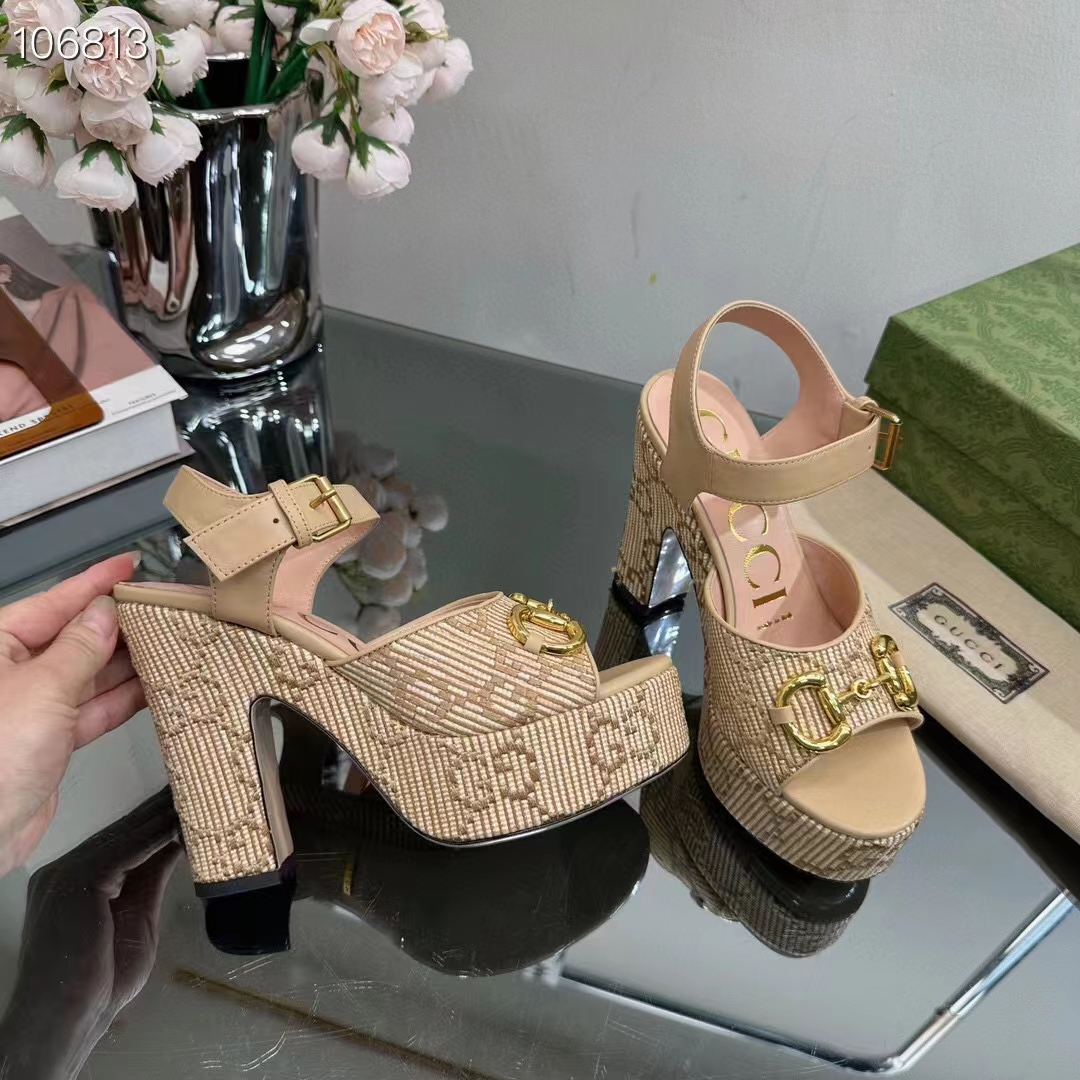 Gucci Women Horsebit Platform Sandal Natural GG Raffia High 12 CM Heel