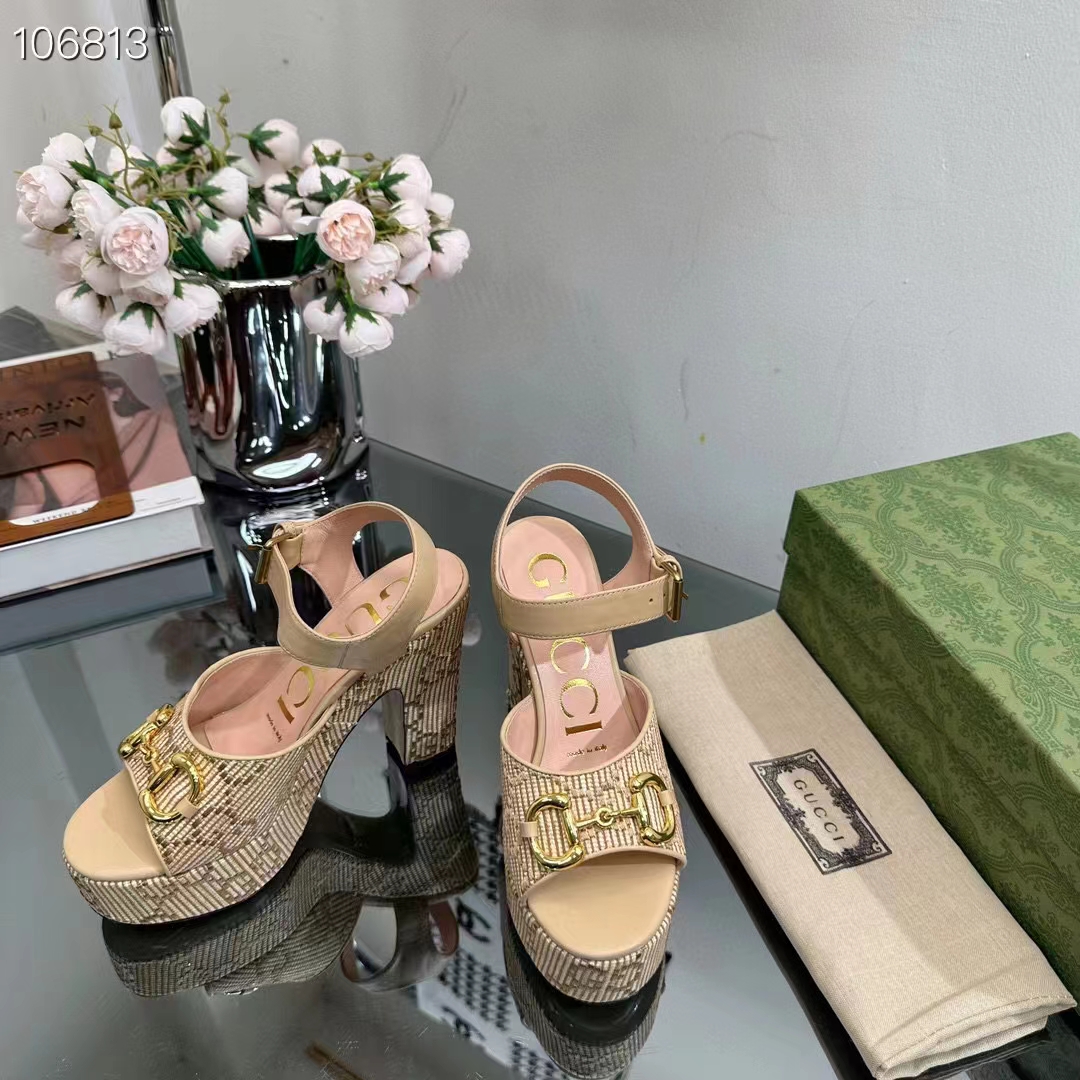 Gucci Women Horsebit Platform Sandal Natural GG Raffia High 12 CM Heel