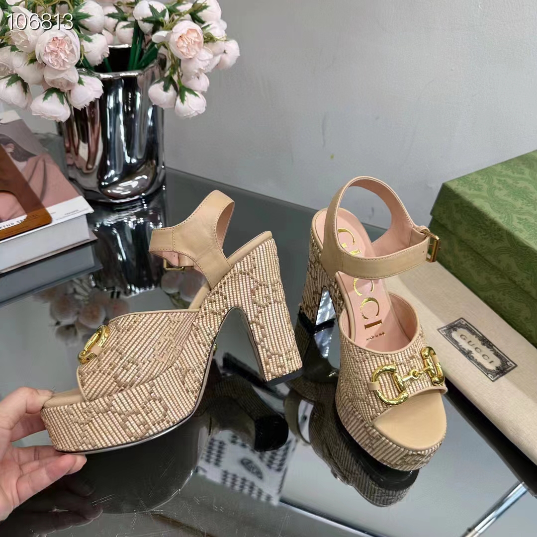 Gucci Women Horsebit Platform Sandal Natural GG Raffia High 12 CM Heel