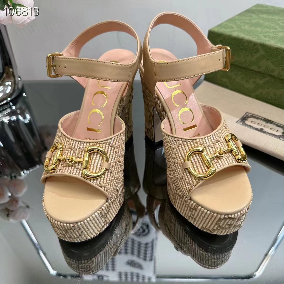 Gucci Women Horsebit Platform Sandal Natural GG Raffia High 12 CM Heel