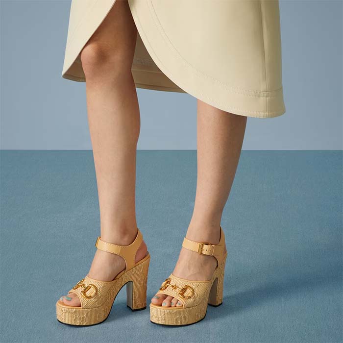 Gucci Women Horsebit Platform Sandal Natural GG Raffia High 12 CM Heel
