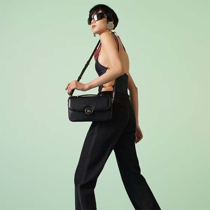 Gucci Women Petite GG Small Shoulder Bag Black Leather Double G (13)