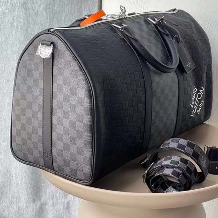 Louis Vuitton LV Unisex Keepall Bandoulière 50 Travel Bag Black Graphite Damier Infini Cowhide (8)