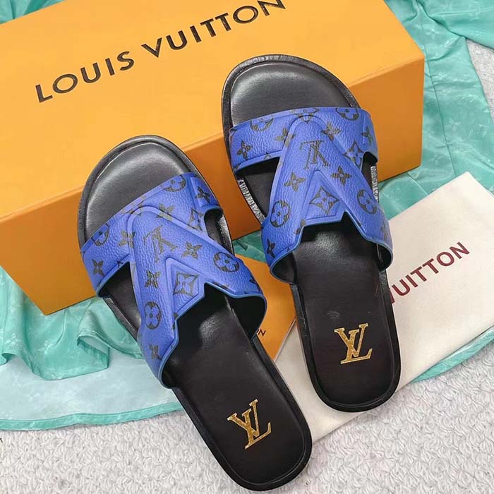Louis Vuitton LV Unisex Oasis Mule Blue Monogram Grained Calf Leather Rubber (7)