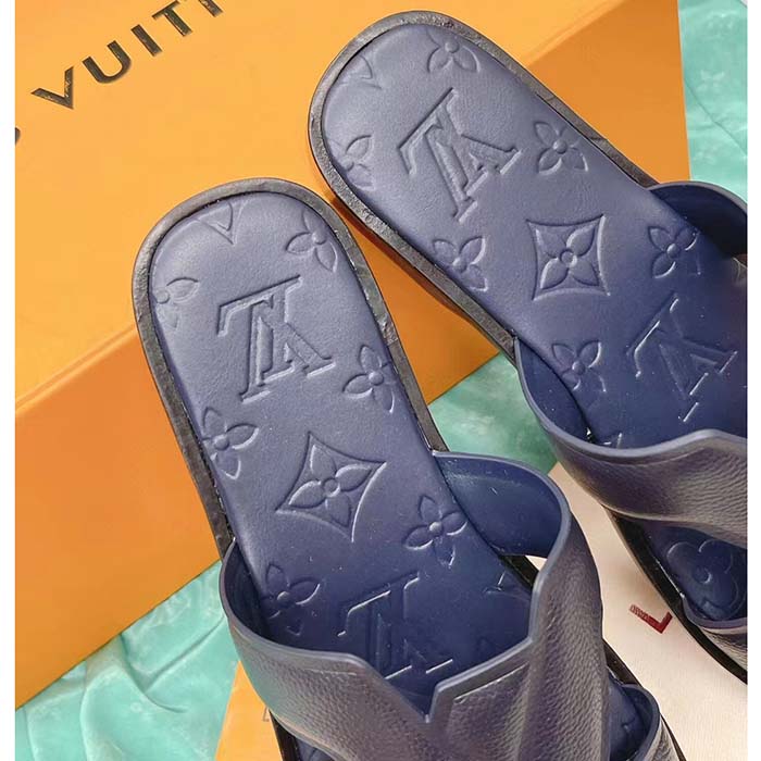 Louis Vuitton LV Unisex Oasis Mule Navy Blue Grained Calf Leather Rubber Outsole (5)