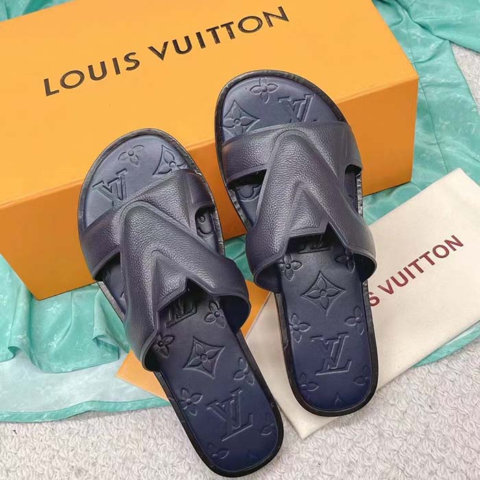 Louis Vuitton LV Unisex Oasis Mule Navy Blue Grained Calf Leather Rubber Outsole (8)