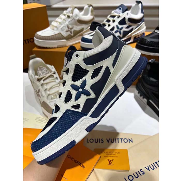 Louis Vuitton LV Unisex Skate Sneaker Navy Blue Mix Materials Double Laces Rubber (4)