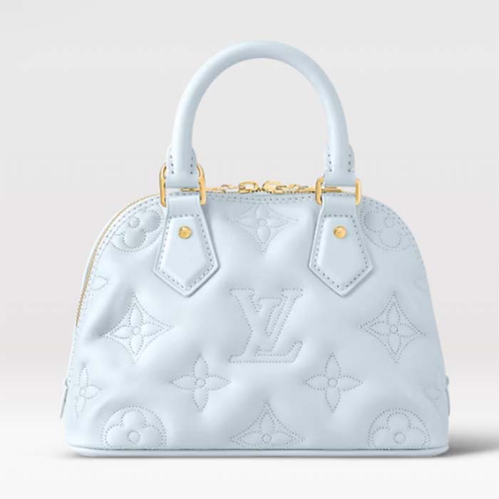 Louis Vuitton LV Women Alma BB Handbag Blue Quilted Embroidered Smooth Calf Leather
