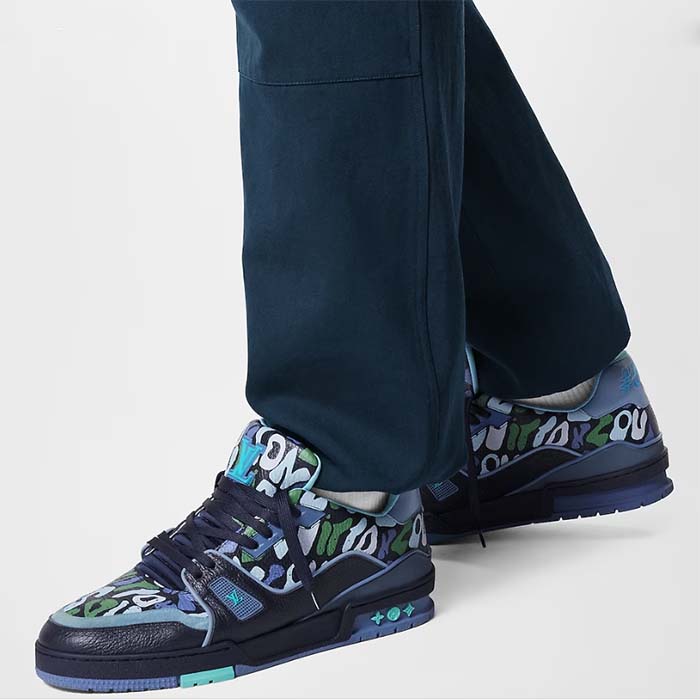 Louis Vuitton Unisex LV x YK LV Trainer Sneaker Navy Blue Camouflage-Printed Canvas Grained Calf (12)