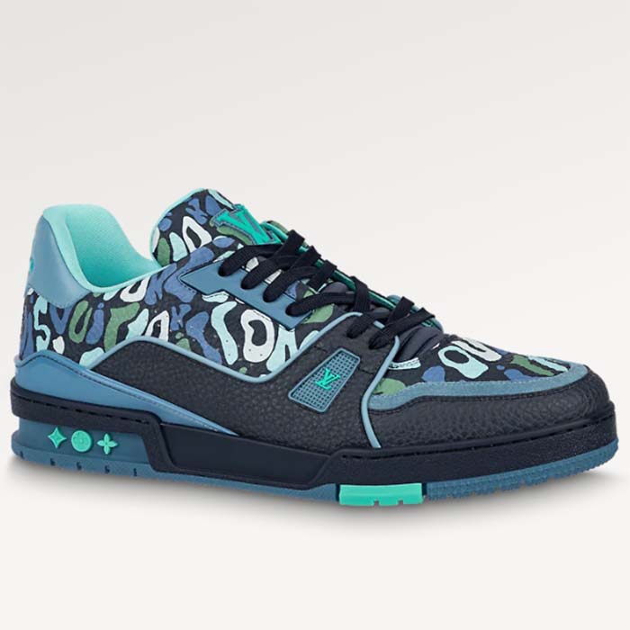 Louis Vuitton Unisex LV x YK LV Trainer Sneaker Navy Blue Camouflage-Printed Canvas Grained Calf (9)