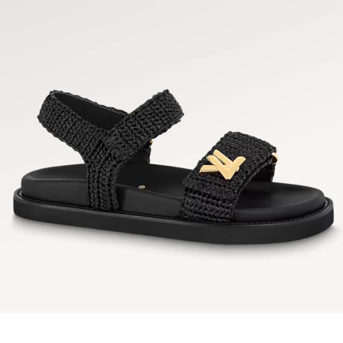 Louis Vuitton Women LV Sunset Flat Comfort Sandal Black Raffia Micro Outsole