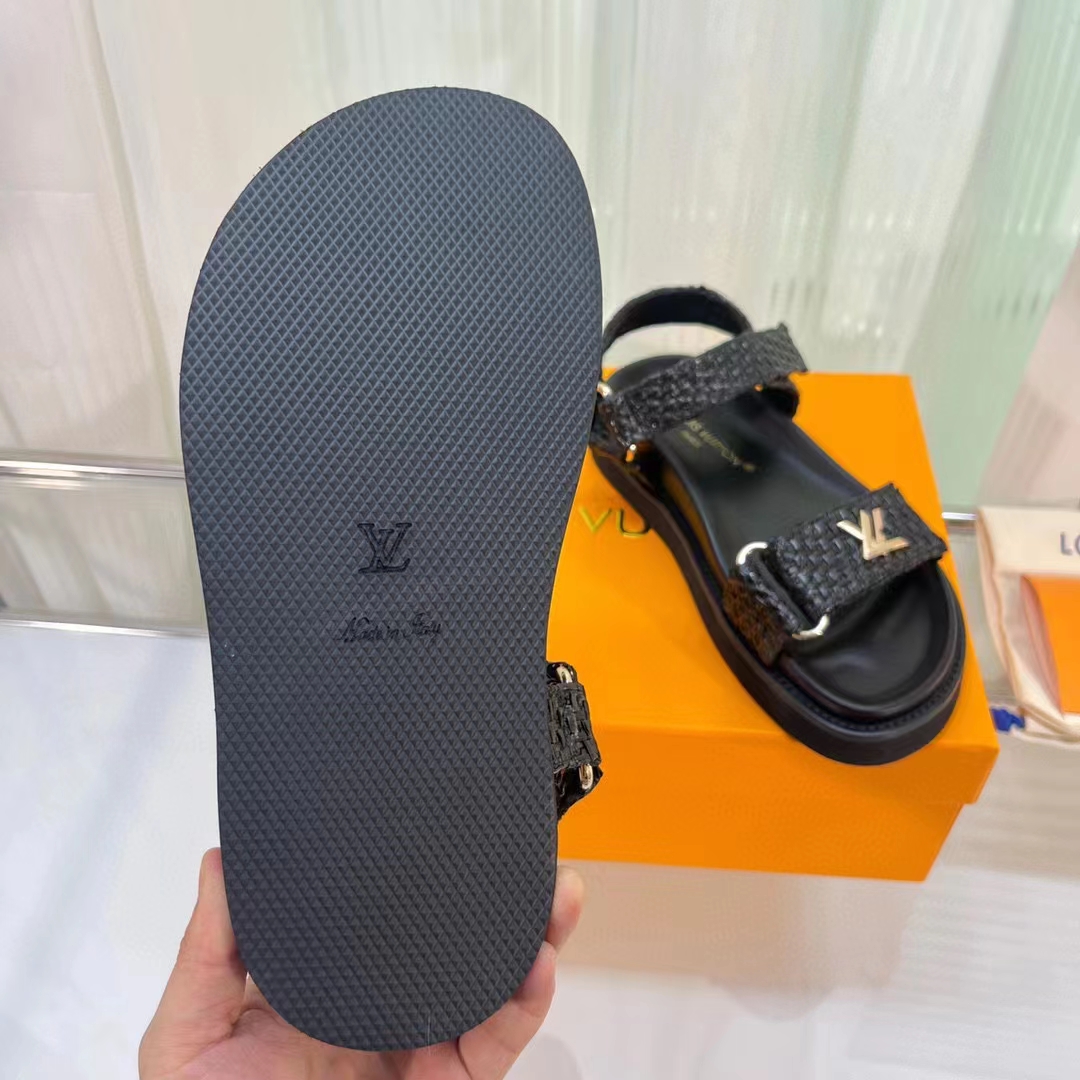 Louis Vuitton Women LV Sunset Flat Comfort Sandal Black Raffia Micro Outsole