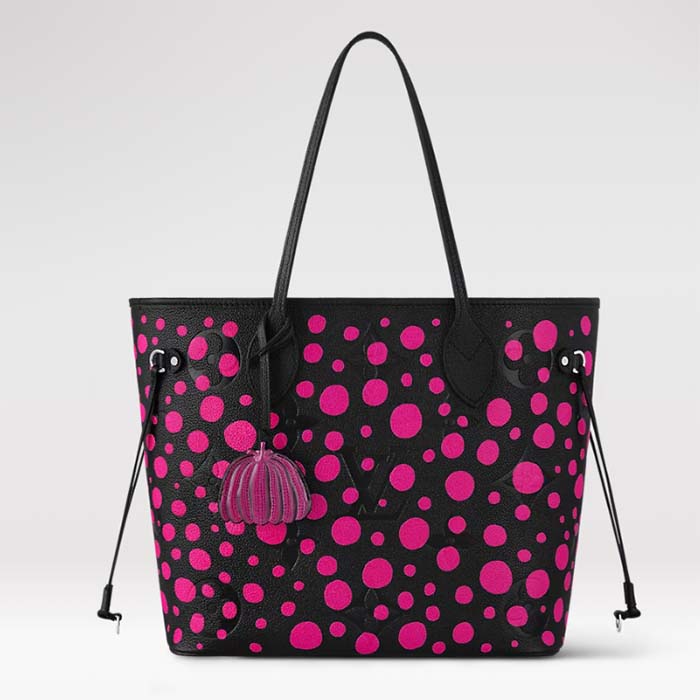 Louis Vuitton Women LV x YK Neverfull MM Black Fuchsia Embossed Grained Monogram Empreinte Cowhide