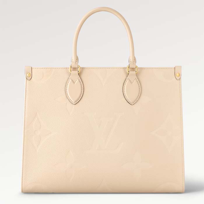 Louis Vuitton Women Onthego MM Tote Bag Crème Beige Embossed Grained Cowhide Leather